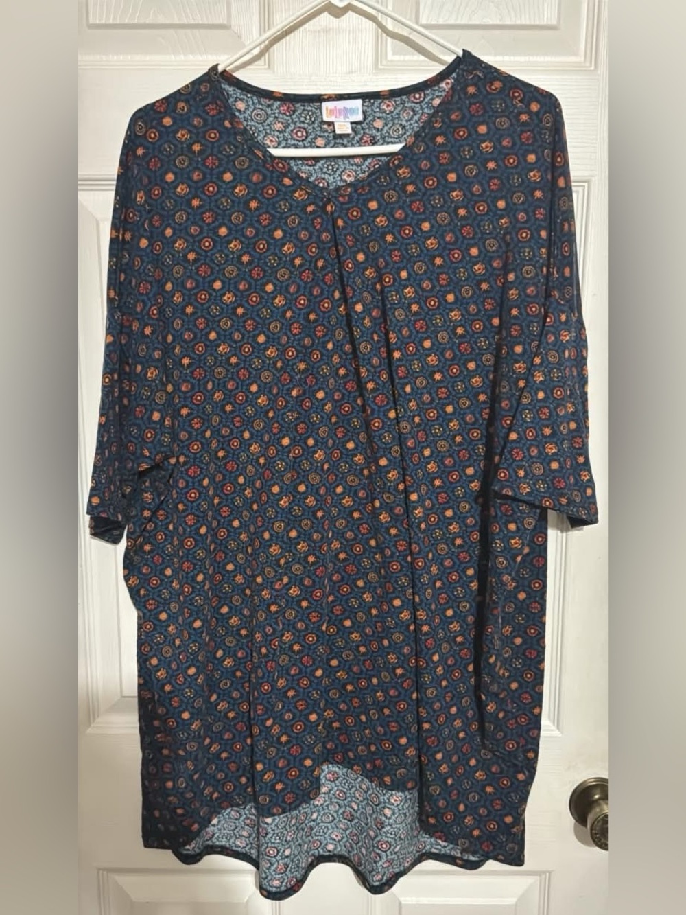 LuLaRoe Navy Floral Medallion Tunic with Orange Accents